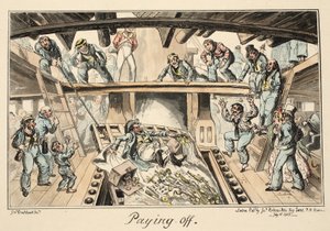 Afbetalen, uit Greenwich Hospital, een serie maritieme schetsen, beschrijvend het leven van een marineman, uitgegeven 1826 door George Cruikshank
