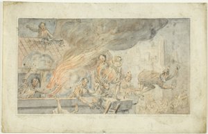 Mensen op de vlucht voor een brandend gebouw