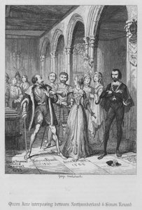 Koningin Jane tussen Northumberland en Simon Renard (gravure) door George Cruikshank