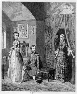 Koningin Mary verrast Courtenay en prinses Elizabeth, 1553-1555 1840 door George Cruikshank