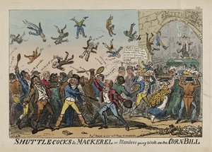 Shuttlecocks en Makreel, of Leden die gaan stemmen over de Corn Bill, 14 maart door George Cruikshank