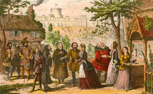 Sir John Falstaff op bezoek bij zijn vriend Page, in Windsor door George Cruikshank
