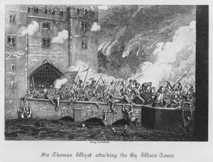 Sir Thomas Wyat valt de By Ward Tower aan (gravure) door George Cruikshank