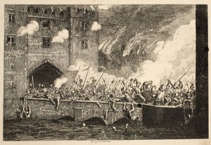 Sir Thomas Wyat valt de By Ward Tower aan, uit The Tower of London, gepubliceerd 1840 door George Cruikshank