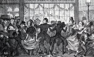 Straatjongens veroorzaken chaos in de menigte buiten een banketbakkerij op Driekoningenavond door George Cruikshank