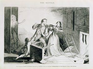 De fles, plaat VI, Angstaanjagende ruzies en brute geweldplegingen zijn de natuurlijke gevolgen van frequent gebruik van de fles, 1847
