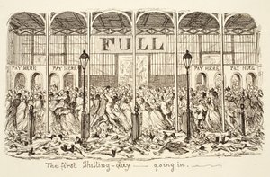 De eerste Shilling-dag - Binnenkomst, pub. 1851 (gravure)