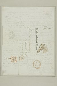 Zonder titel (brief Cruikshank met schetsen van paardenhoofd) door George Cruikshank
