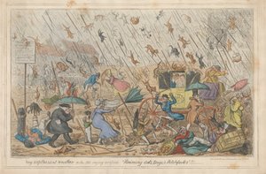 Zeer Onaangenaam Weer, of, het Oude Gezegde Bevestigd "Regenende Katten, Honden, & Hooivorken."!!! door George Cruikshank