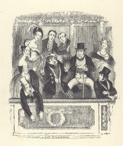 Victoriaanse theaterbezoekers dringen samen in een loge in een Londens theater (gravure)