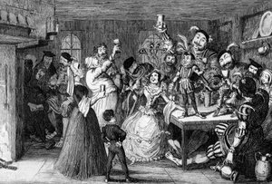Xit, nu Sir Narcissus le Grand, vermaakt zijn vrienden op zijn trouwdag door George Cruikshank