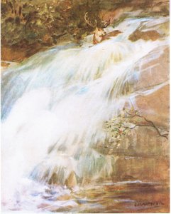Zijn hoofd hoog in de lucht werpend in een laatste daad van verzet, dook hij in de waterval door George Denholm Armour