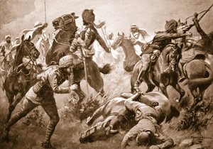 Risaldar Santa Singh, Dafadar Bisham Singh en Sowar Buda Singh breken door de rangen van de Arabieren om kapitein Willoughby te helpen door George Derville Rowlandson