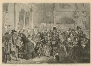 Verkiezing van een weeskind in de London Tavern (gravure) door George Elgar Hicks