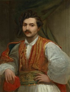 Portret van Nicolas Ionides (1815-1873), halflang, in Grieks kostuum door George Frederic Watts