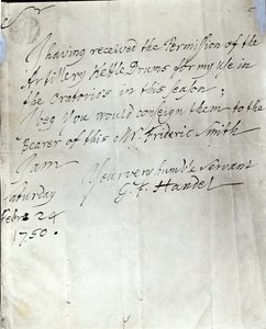 Brief van George Frederick Handel gedateerd 24 februari 1750