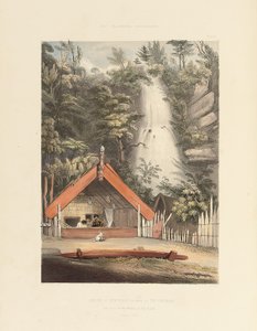Huis van Hiwikau, moeder van de Heuneu, en watervallen van Ko Waihi, bij Te Rapa, plaat 21 uit "The New Zealanders Illustrated" door George French Angas