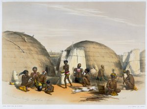 Zulu kraal bij Umlazi met hutten en schermen, 1849