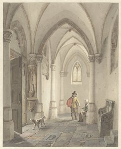 Kerkinterieur met man die bedelaarster een aalmoes geeft door George Gillis Haanen
