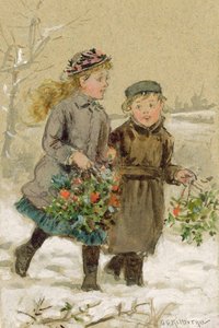 Kinderen spelen in de sneeuw - Hulst verzamelen door George Goodwin Kilburne
