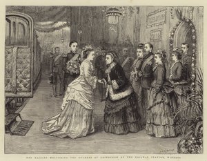 Hare Majesteit verwelkomt de hertogin van Edinburgh op het treinstation, Windsor door George Goodwin Kilburne