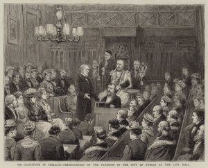Mr. Gladstone in Ierland, presentatie van de vrijheid van de stad Dublin in het stadhuis door George Goodwin Kilburne