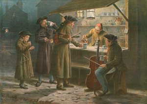 De Kerstzangers Verfrissen zich bij een Nachtkraam