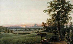Zonsopgang - Flatbush en de Oceaan vanaf de Greenwood Cemetery, Long Island, New York, c.1830-40 door George Harvey