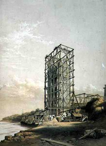 Britannia Brug, Caernarvon Toren, september 1848, gepubliceerd in 1849 door George Hawkins