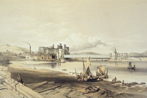 Conway Bridge, constructie van de tweede buis, september 1848, gegraveerd door de kunstenaar