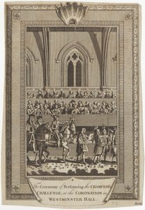 De ceremonie van het uitvoeren van de uitdaging van de kampioen bij de kroning in Westminster Hall door George Hawkins