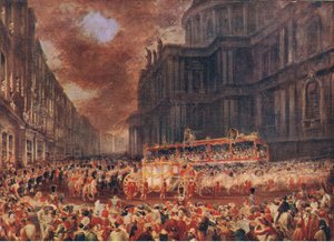 Het eerste staatsbezoek van Koningin Victoria aan de stad Londen 1837, uit Cassells History of the British People gepubliceerd door de Waverley Book Company Limited, ca. 1940