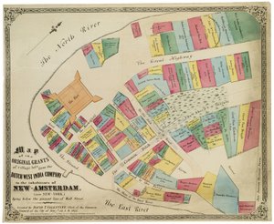 Kaart van de oorspronkelijke toewijzingen van dorpspercelen van de Nederlandse West-Indische Compagnie aan de inwoners van Nieuw-Amsterdam (nu New York) onder de huidige lijn van Wall Street, 1857 door George Hayward