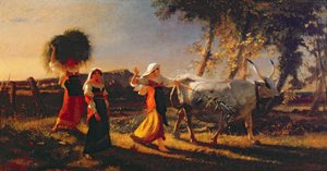 Italiaanse Boerenvrouwen in de Campagna die een Os drijven