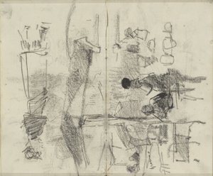 Figuren, mogelijk op een markt of in een etablissement door George Hendrik Breitner