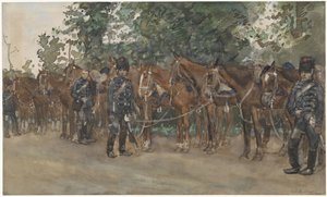 Huzaren staande naast hun paarden langs de kant van de weg
