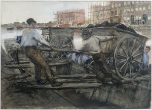 Arbeiders trekken een zwaar beladen kar op de Jacob van Lennepkade, Amsterdam door George Hendrik Breitner
