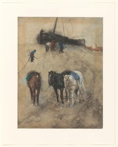 Paarden op het strand, op de achtergrond een schuit en vissers door George Hendrik Breitner