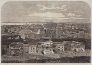 Vogelvlucht van de stad Washington, met het Capitool op de voorgrond