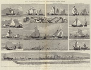 Modellen van vissersboten en visgerei in de Internationale Visserij Tentoonstelling door George Henry Andrews