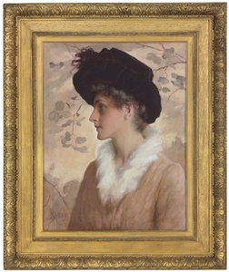 Portret van een dame, halve lengte, met een zwarte hoed en bontstola, 1888
