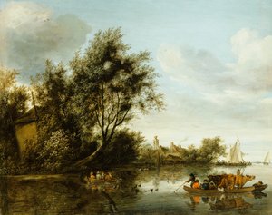 Een Rivierlandschap met een Hooizolder tussen Bomen en een Veerboot met Passagiers en Vee