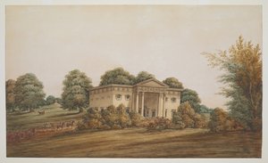 Een Palladiaans tuinhuis in een parkachtig landschap, Delhi, met een koets en ruiters die naderen