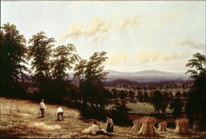 Hooibergen bij een rivier, nabij Harford, Warwickshire, 1872 door George II Turner