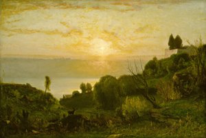 Meer Albano, zonsondergang, ca. 1874 door George Inness