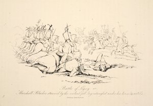 Slag bij Ligny: Maarschalk Blücher beduusd door de val lag verstrikt onder zijn paard, gepubliceerd door J. Booth, 1816