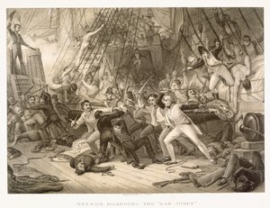 Horatio Nelson aan boord van de San Josef bij de Slag bij Kaap St. Vincent, 14 februari 1797, gegraveerd door John Crew naar het origineel in de Greenwich Hospital Collection door George Jones