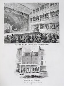 Interieur van het Little Theatre, Haymarket in Londen en de voorkant van het bovengenoemde, gegraveerd door James Stow, 1815 door George Jones