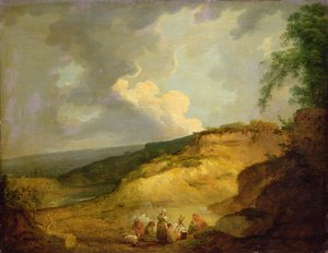 Een uitgestrekt berglandschap met een zigeunerkamp op de voorgrond