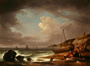 Kustscène met Mannen die een Boot Repareren
